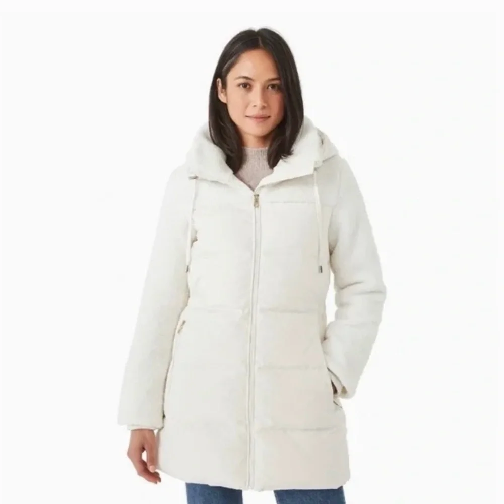 KATE SPADE Mixed Media Sherpa and Down Coat, French Cream